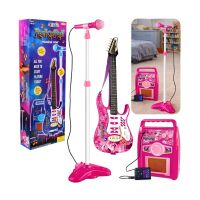 Rosa E-Gitarre mit Mikrofon und Verstärker