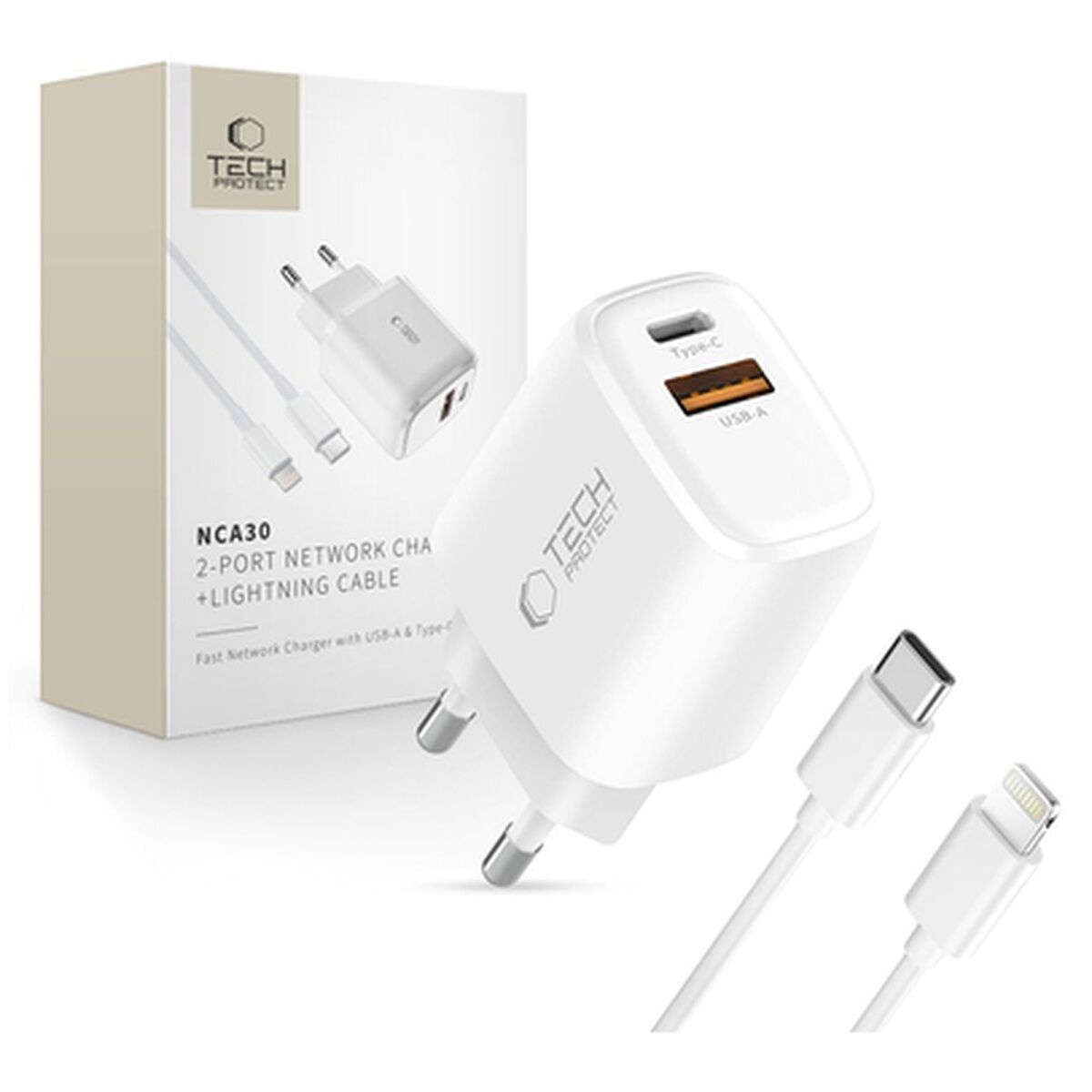 Tech Protect NCA30 PD 30 W QC3.0USB-A USB-C WandLadegerät