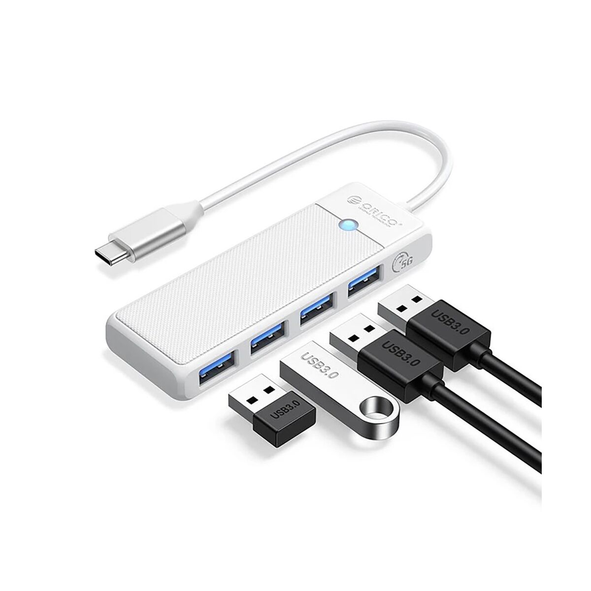 Orico PAPW4A-C3 USB-Hub mit 4 Anschlüssen (4x USB-A 3.0, 1 m Kabel) – Weiß