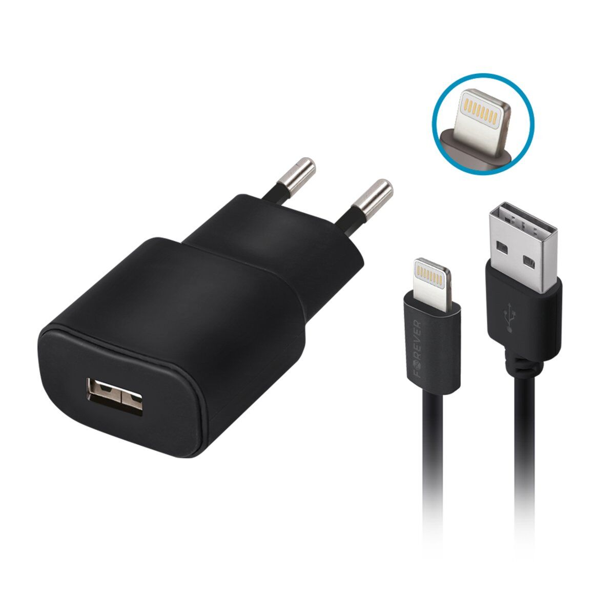 Forever TC-01 Ladegerät 1x USB 2A schwarz + Lightning-Kabel
