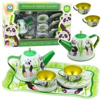 Teeservice Metallkrug Tasse Teller Panda Grün 14-tlg