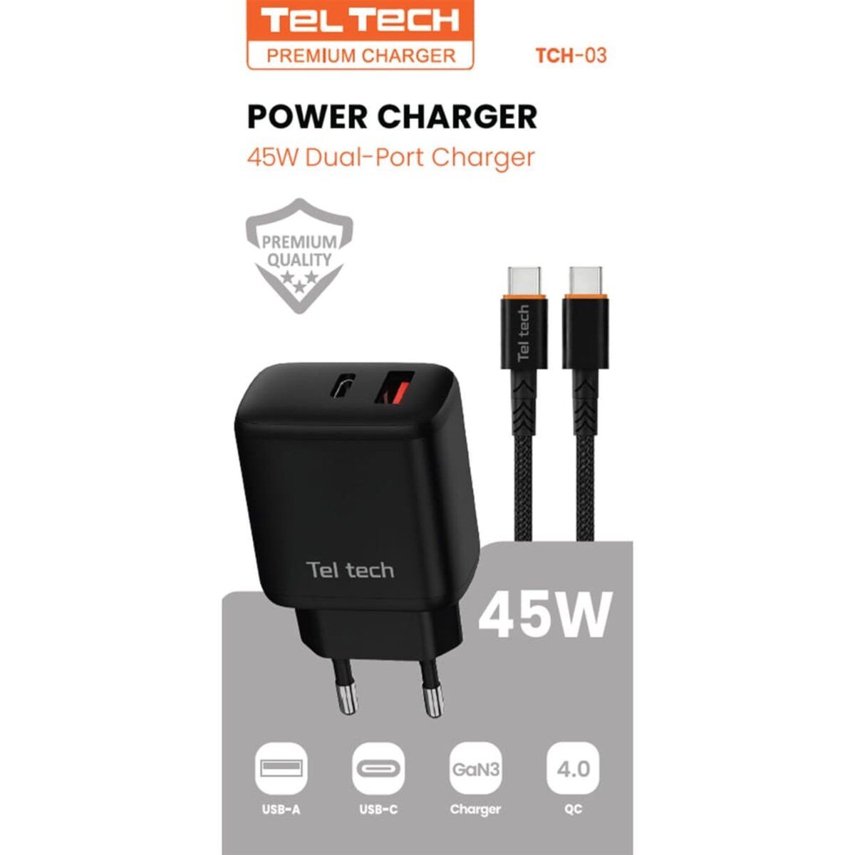 Teltech Ladegerät GaN3 USB / USB-C 45W + Kabel USB-C - USB-C 1m PD